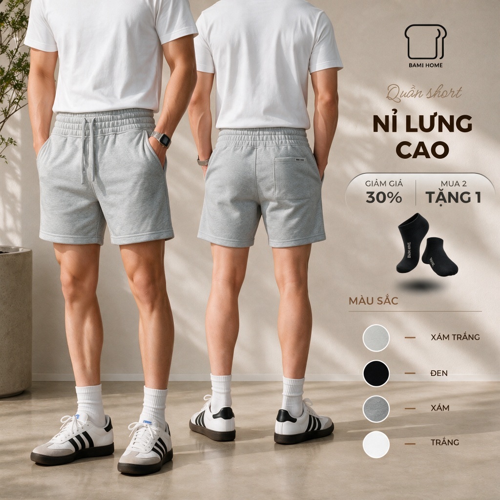 Quần short thể thao nam basic BAMIHOME chất vải nỉ chân cua khô thoáng, thoải mái QN08