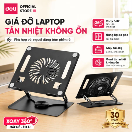 Giá Đỡ Laptop Tản Nhiệt Deli Giá Đỡ Laptop Kèm Quạt Tản Nhiệt Chống Nóng Không Tiếng Ồn Nâng Hạ Đa Góc Xoay 360 độ