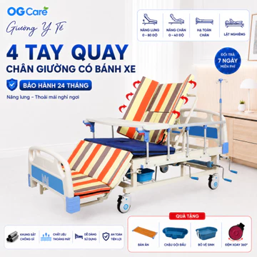 Giường 4 tay quay Có Lỗ Vệ Sinh, Giường y tế cho người già Nâng/Hạ Lưng - Chân - Lật nghiêng, Giường gấp nâng hạ