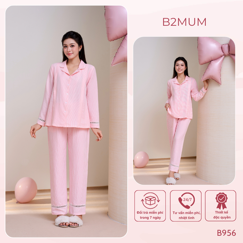 Bộ Pijama Bầu Và Sau Sinh Dài Tay Hồng Pastel Sọc Gân Tăm, Mềm Mại, Thoải Mái, Dễ Mặc Elia Set B956 By B2MUM