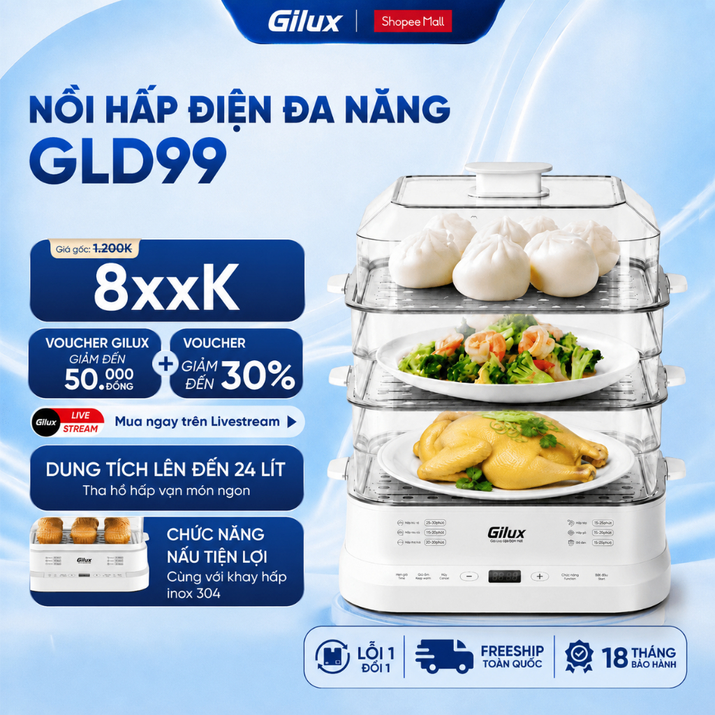 Nồi hấp Gilux 24L đa năng - Khay inox - phiên bản mới 2026 - có 3 tầng tiện lợi bảo hành 18 tháng
