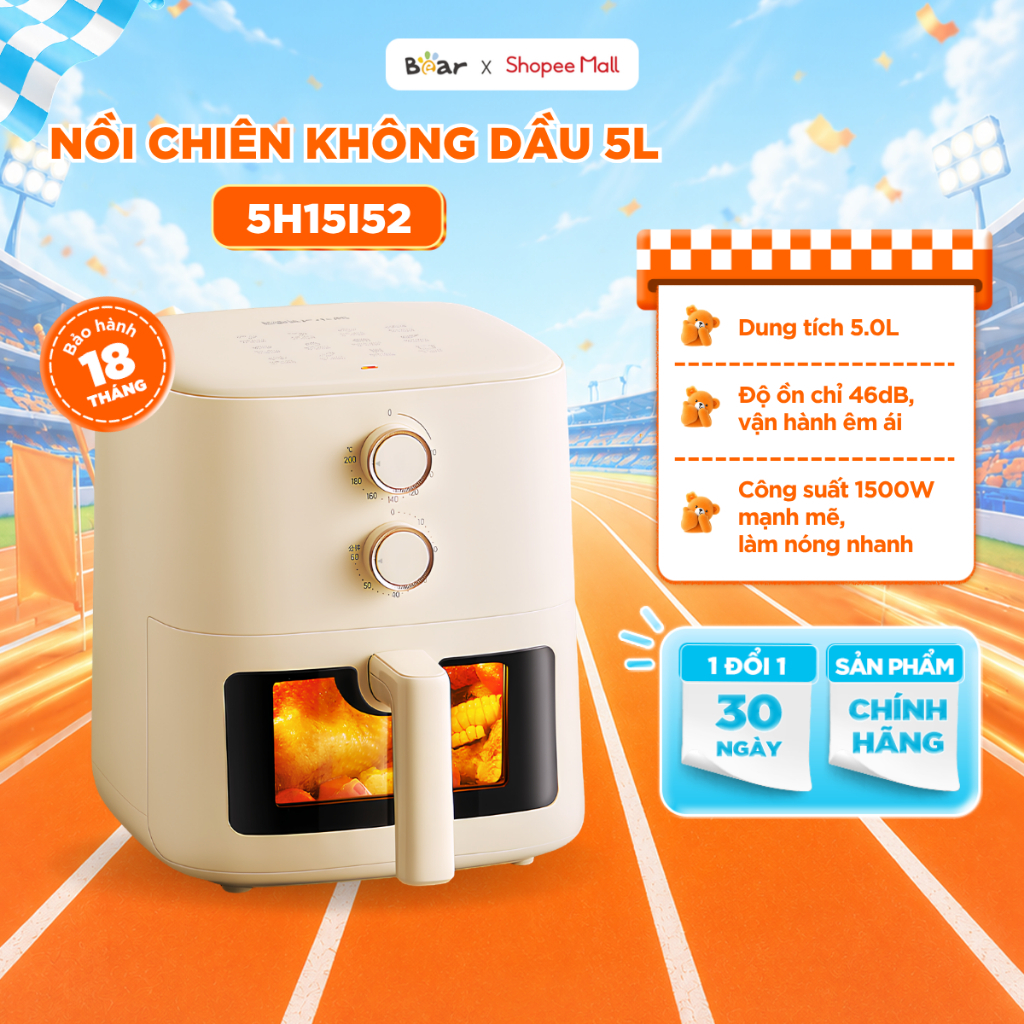Nồi Chiên Không Dầu BEAR 5L, Lò Chiên Nồi Chiên Không Khí Đa Năng Không Cần Lật Cửa Kính Trong Suốt 1500W AF-5H15I52