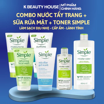 Combo Nước Tẩy Trang, Sữa Rửa Mặt + Toner SIMPLE Lành Tính Sạch Thoáng, Cấp Ẩm Cho Mọi Loại Da