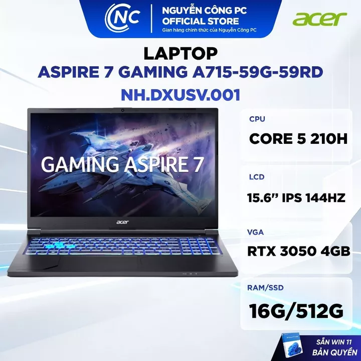 Laptop Acer Aspire 7 Gaming A715-59G-59RD NH.DXUSV.001 (Core 5 210H, 16GB, 512GB, RTX 3050 4GB, 15.6'', 144Hz, Win 11)