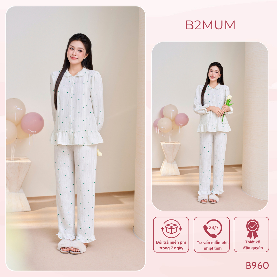 Bộ Pijama Bầu Chất Đũi Mềm Kẻ Trái Tim Nữ Tính, Quần Chun Điều Chỉnh Bụng Thoải Mái B960 Dalia Set by B2MUM