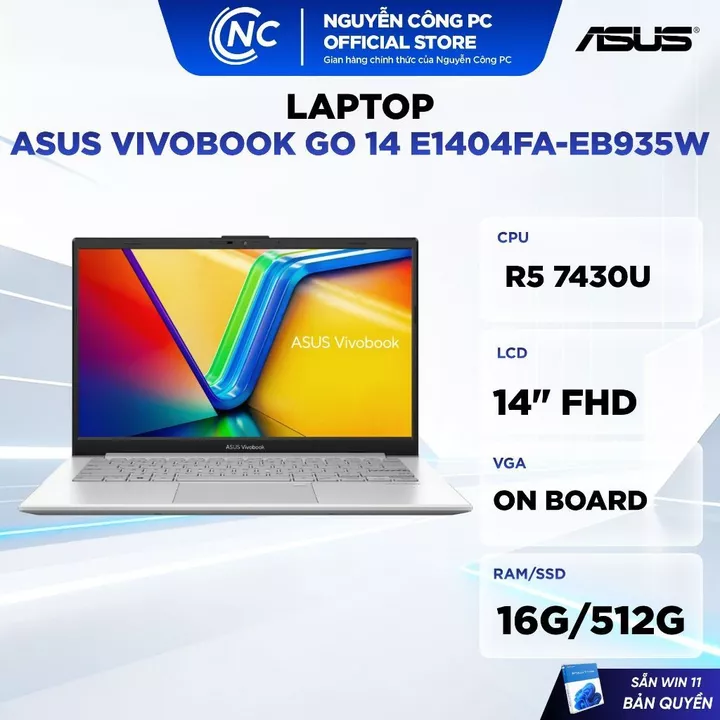 Laptop ASUS Vivobook Go 14 E1404FA-EB935W (AMD Ryzen 5 7430U, 16GB DDR5, 512GB SSD, 14" FHD, Win11 Home) - BH 24 tháng
