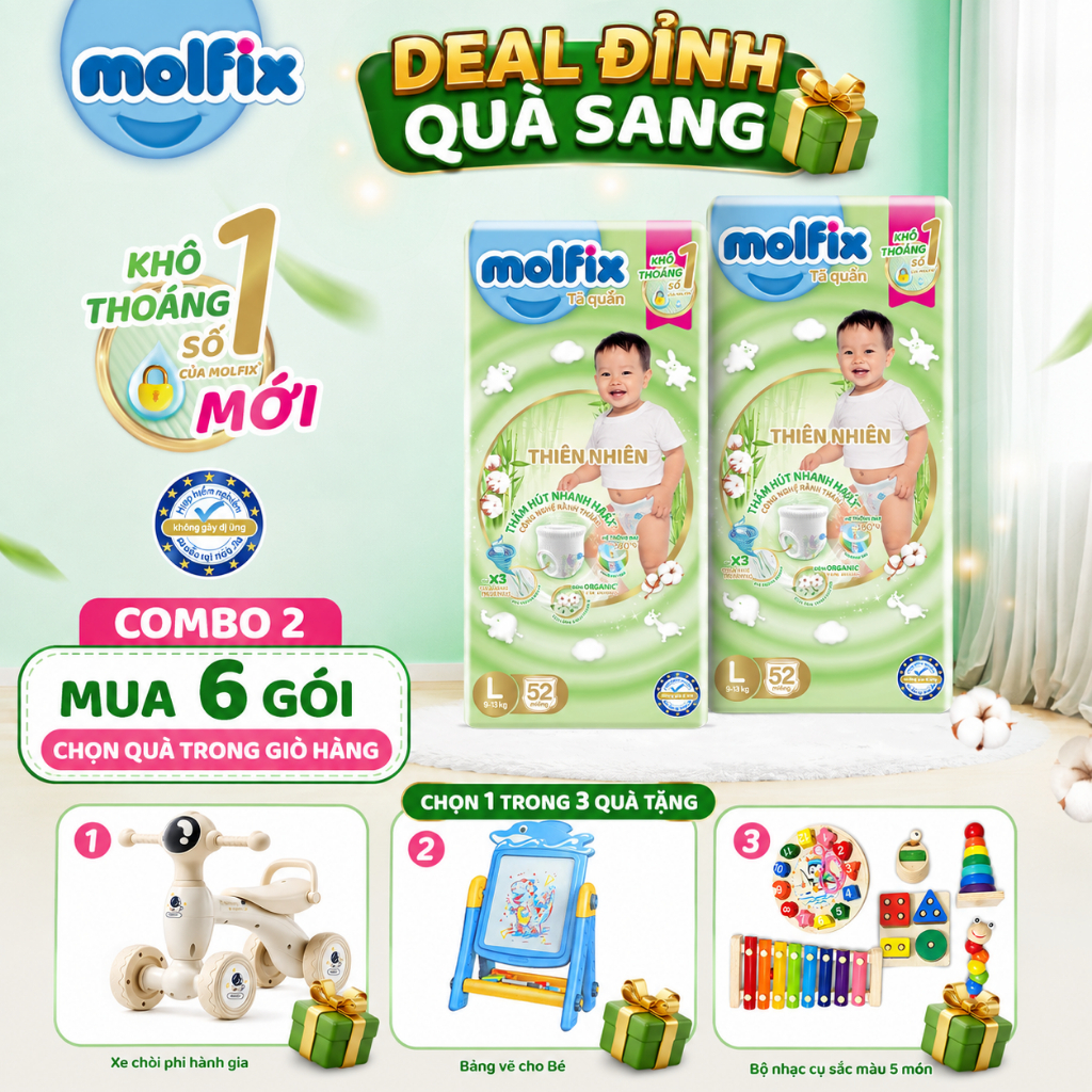 [Mua 6 gói_Chọn QUÀ trong giỏ hàng] Combo 2 Gói Tã quần Molfix Thiên nhiên Super Jumbo M56/L52/XL46/2XL42/Jumbo3XL