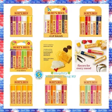 (Mỹ) Burts Bee Set Hộp 4 Thỏi 4 Mùi Son Dưỡng Môi Sáp Ong Thiên Nhiên BURT'S BEES Natural Lip Balm Không Màu