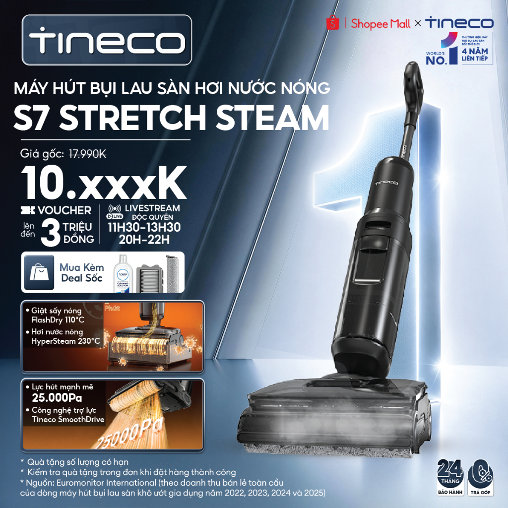 Tineco Floor One S7 STRETCH STEAM Máy hút bụi lau sàn hơi nước nóng HyperSteam 230°C - Lực hút 25000Pa - Giặt sấy 110°C