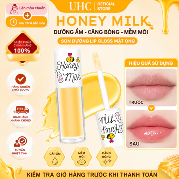 UHC Honey & Milk Lip Gloss Son Dưỡng Môi Mật Ong Dưỡng Ẩm Căng Bóng Mềm Mịn Lip Oil Chăm Sóc Môi Khô Nứt Nẻ