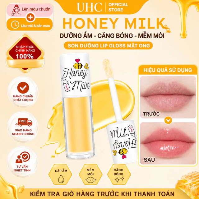 UHC Honey & Milk Lip Gloss Son Dưỡng Môi Mật Ong Dưỡng Ẩm Căng Bóng Mềm Mịn Lip Oil Chăm Sóc Môi Khô Nứt Nẻ