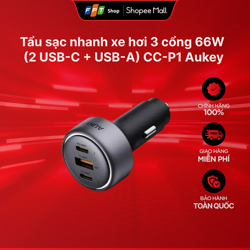 Tẩu sạc nhanh xe hơi 3 cổng 66W (2 USB-C + USB-A) CC-P1 Aukey