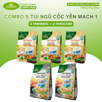 Combo 5 Túi Ngũ cốc Yến mạch 1 ( 3 Ngũ cốc Yến mạch Hạnh nhân Hạt chia + 2 Ngũ cốc Yến mạch Óc chó Mè đen ít đường) 400g