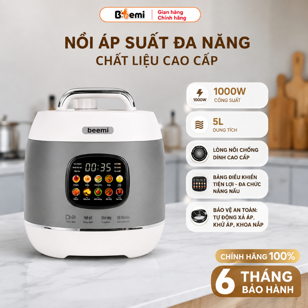 Nồi Áp Suất Điện Đa Năng Beemi Dung Tích 5L, Nồi Cơm Điện Cao Cấp Công Suất 1000W Áp Suất Cao 10 Chế Độ Nấu