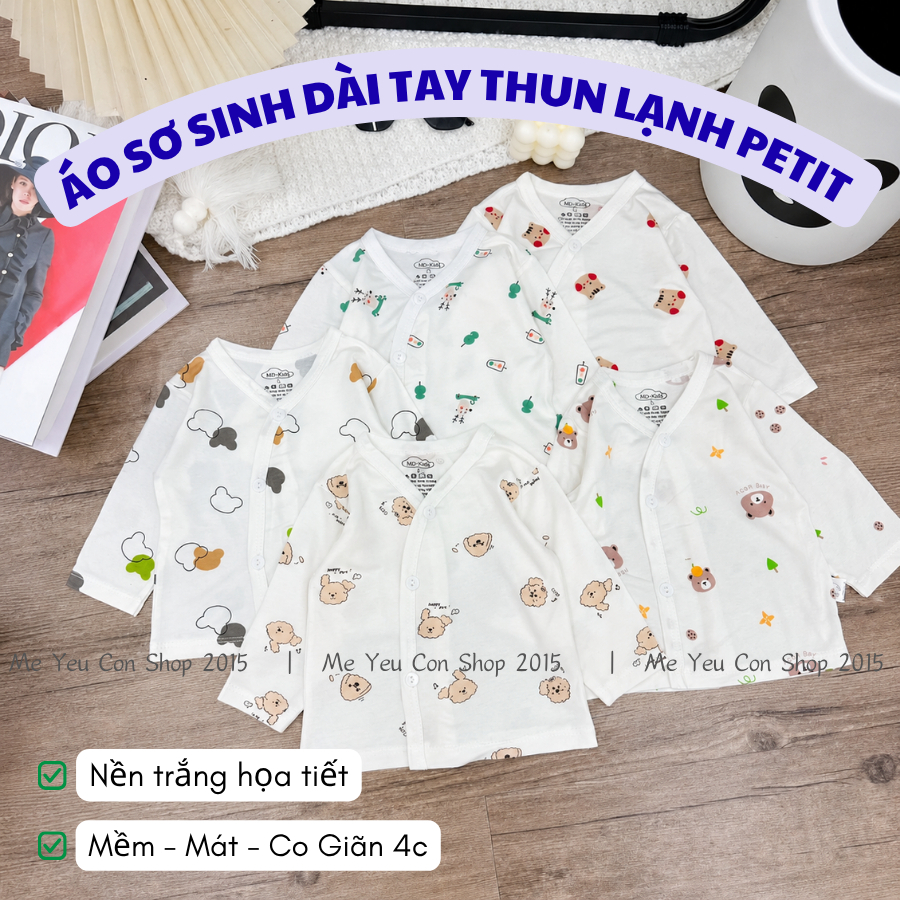 [3-9kg] Áo Sơ Sinh Dài Tay THUN LẠNH PETIT Mềm, Mát, Co Giãn 4Chiều In Hình Dễ Thương Cho Bé