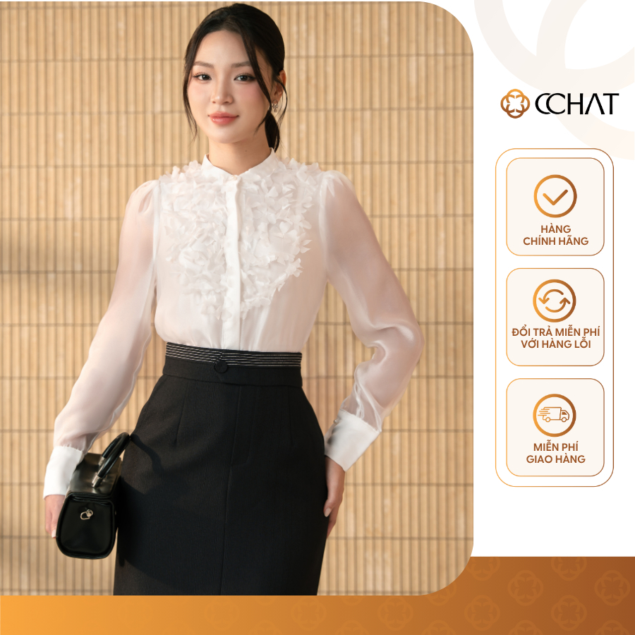Áo Sơ Mi Nữ 𝐂𝐂𝐇𝐀𝐓 Dáng Suông Đính Hoa Lazer Chất Liệu Voan Cao Cấp 24FDV9005ST
