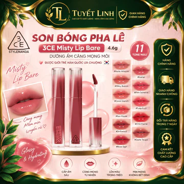 Son Bóng Pha Lê 3CE Misty Lip Bare 4.6g Dưỡng Ẩm Căng Mọng Môi Chính Hãng Hàn Quốc