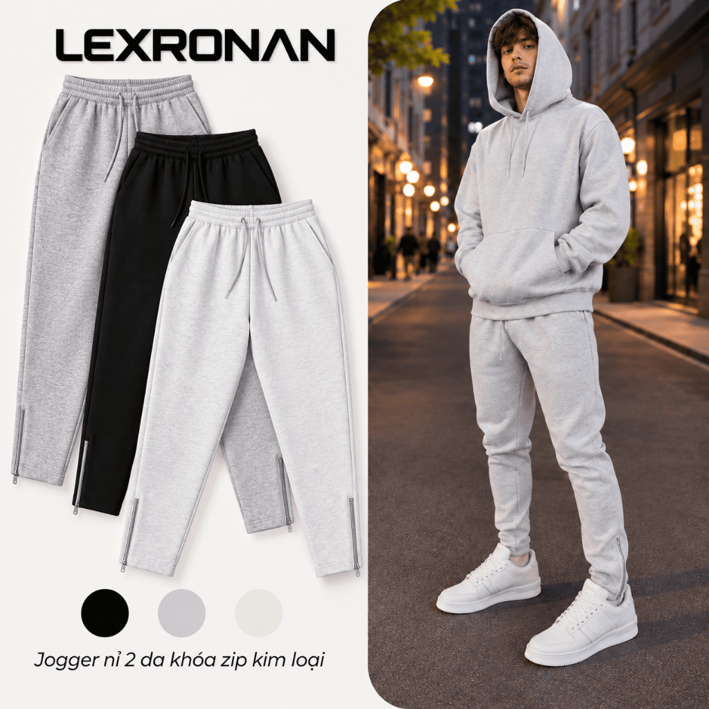 Quần Jogger Nam Khóa Zip LEXRONAN Nỉ 2 Da Quần Thể Thao Nam Co Giãn Form Bó Fit Basic #JGR01