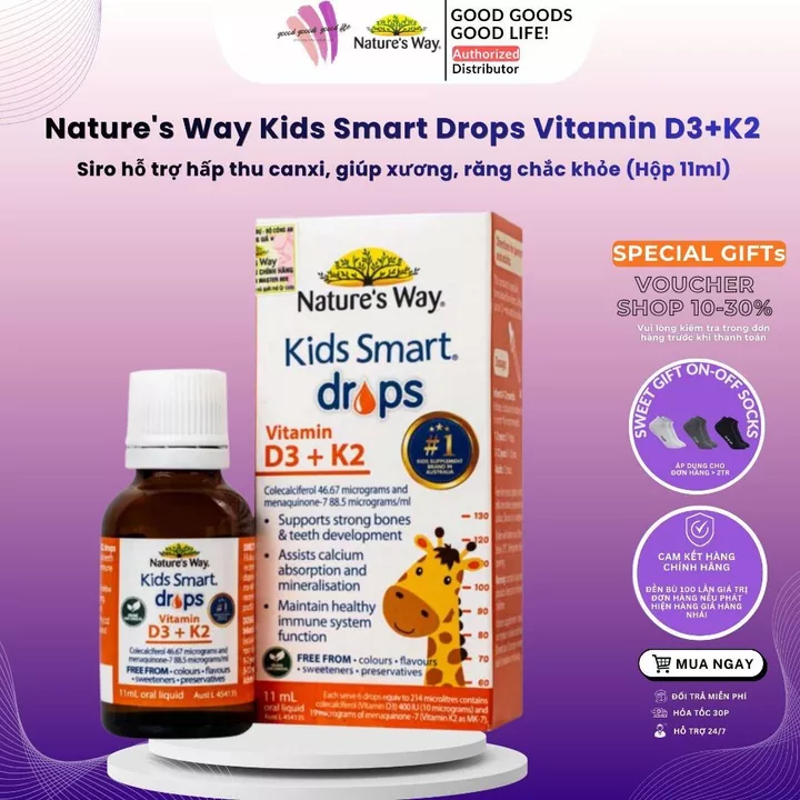 Nature's Way Kids Smart Drops Vitamin D3 + K2 Dạng Giọt Bổ Sung Vitamin D3,Vitamin K2-MK7 Hỗ Trợ Hấp Thụ Canxi 11ml