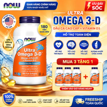 MUA 3 TẶNG 1 | NOW Ultra Omega 3-D Dầu Cá Omega 3 180 Viên | 600 EPA 300 DHA + Vitamin D3