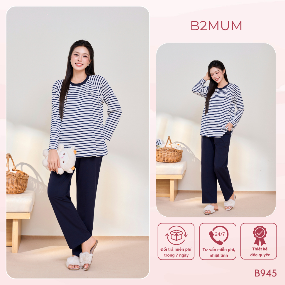 Bộ Đồ Bầu Chất Cotton Mặc Nhà Dáng Suông Dài Tay, Áo Sọc Ngang Phối Quần Dài, Thoải Mái Dễ Mặc Mavi Set B945 By B2MUM