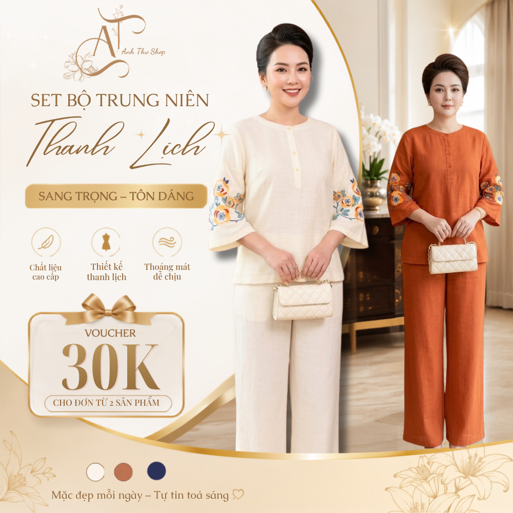 Set Bộ Đồ Đũi Trung Niên Nữ Cao Cấp Thanh Lịch, Áo Tay Lửng Phối Họa Tiết Hoa Quần Suông Sang Trọng- Anh Thư Shop (AT67)