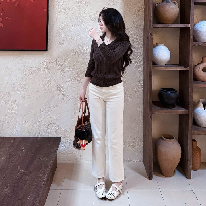 SUXING | Quần Jeans Nữ Dài, Quần Ống Đứng Suông Cạp Cao Basic Thời Trang Nữ - J01