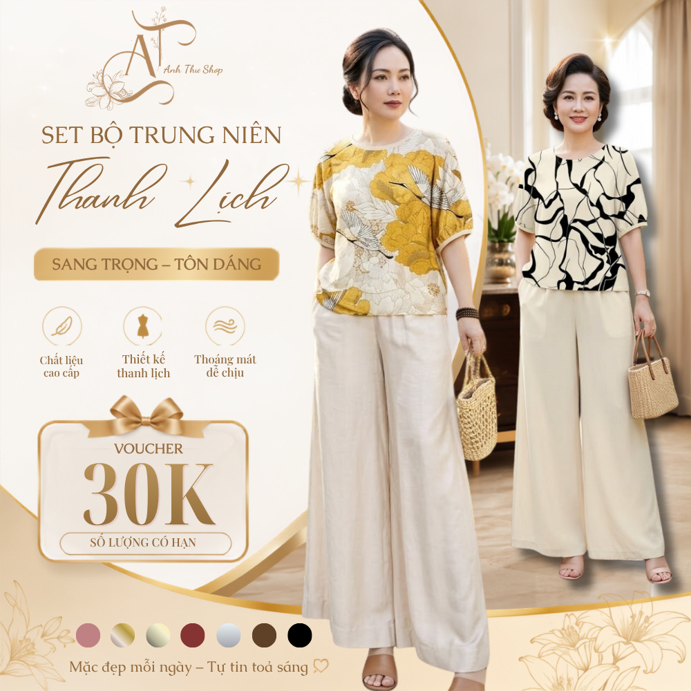 Set Bộ Đồ Trung Niên Cao Cấp Cho Mẹ Form Rộng, Áo Tay Lỡ, Quần Suông Co Giãn Thoải Mái Thoáng Mát - Anh Thư Shop (AT14)