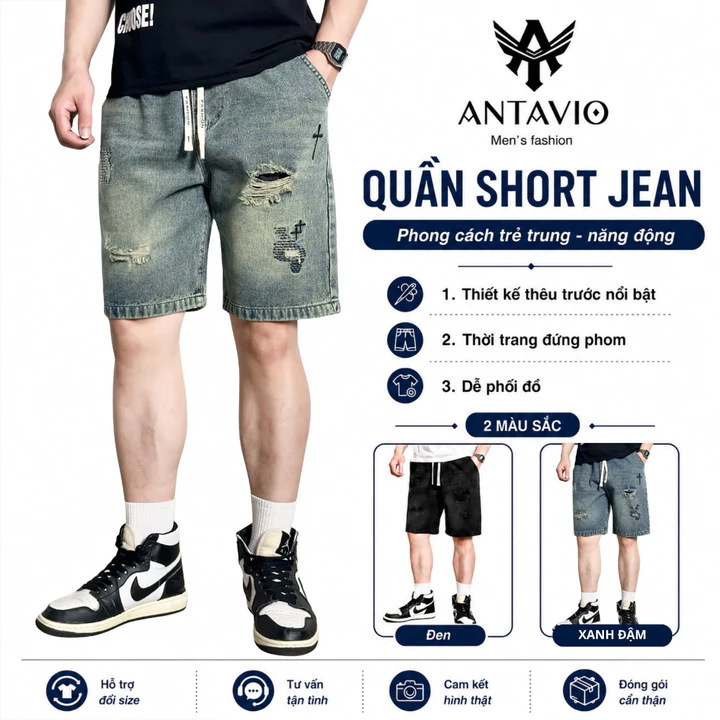 Quần Short Jean Nam ANTAVIO Quân Đùi Bò Lửng Túi Hộp Trẻ Trung Năng Động 3 Màu 45-90kg SHORT 365
