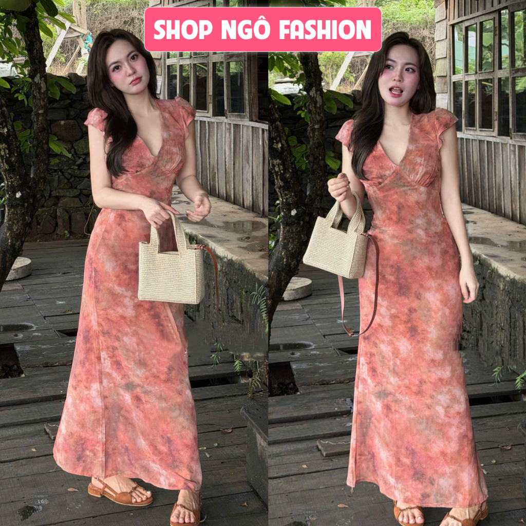 Đầm váy dài - Đầm voan họa tiết loang cam cổ v tay cánh tiên bèo dáng xòe dài cho nàng đi du lịch chụp ảnh siêu xinh