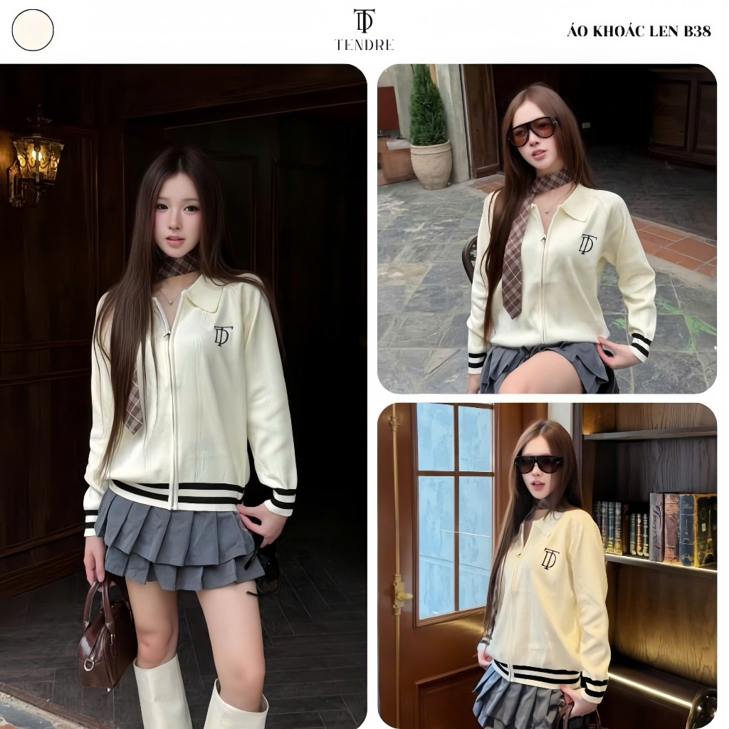 TENDRE - Áo Khoác Len Dệt Kim Khóa Kéo Cổ Polo Phối Sọc, Jacket Knit Zip Len Basic Thêu Logo Mềm Mại Dễ Phối Đồ B38
