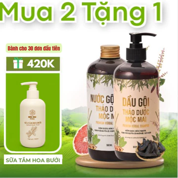 Combo Dầu Gội, Nước Gội Thảo Dược Chiết Xuất Từ 8 Nguyên Liệu Thảo Dược Thiên Nhiên Mộc Mai Herbal