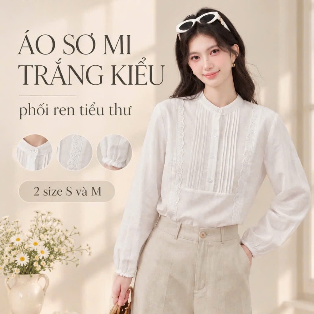 Áo Sơ Mi Trắng Nữ Kiểu Tay Dài Phối Ren Xếp Ly Trước Ngực, Áo Kiểu Tiểu Thư Zhenhouse AK36