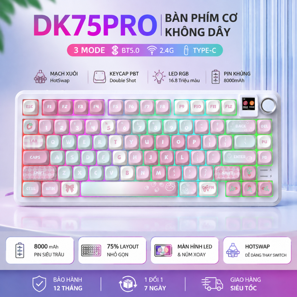 Bàn phím cơ DK75PRO không dây Bluetooth Silent switch màn hình led keycap pbt RGB LED hotswap Pin 8000mAh Có APP tùy | BigBuy360 - bigbuy360.vn
