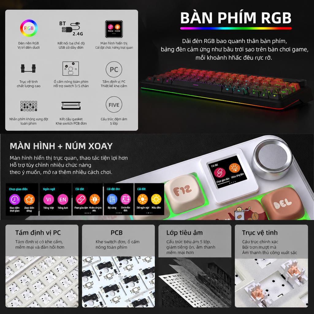 Bàn phím cơ DK75PRO không dây Bluetooth Silent switch màn hình led keycap pbt RGB LED hotswap Pin 8000mAh Có APP tùy | BigBuy360 - bigbuy360.vn