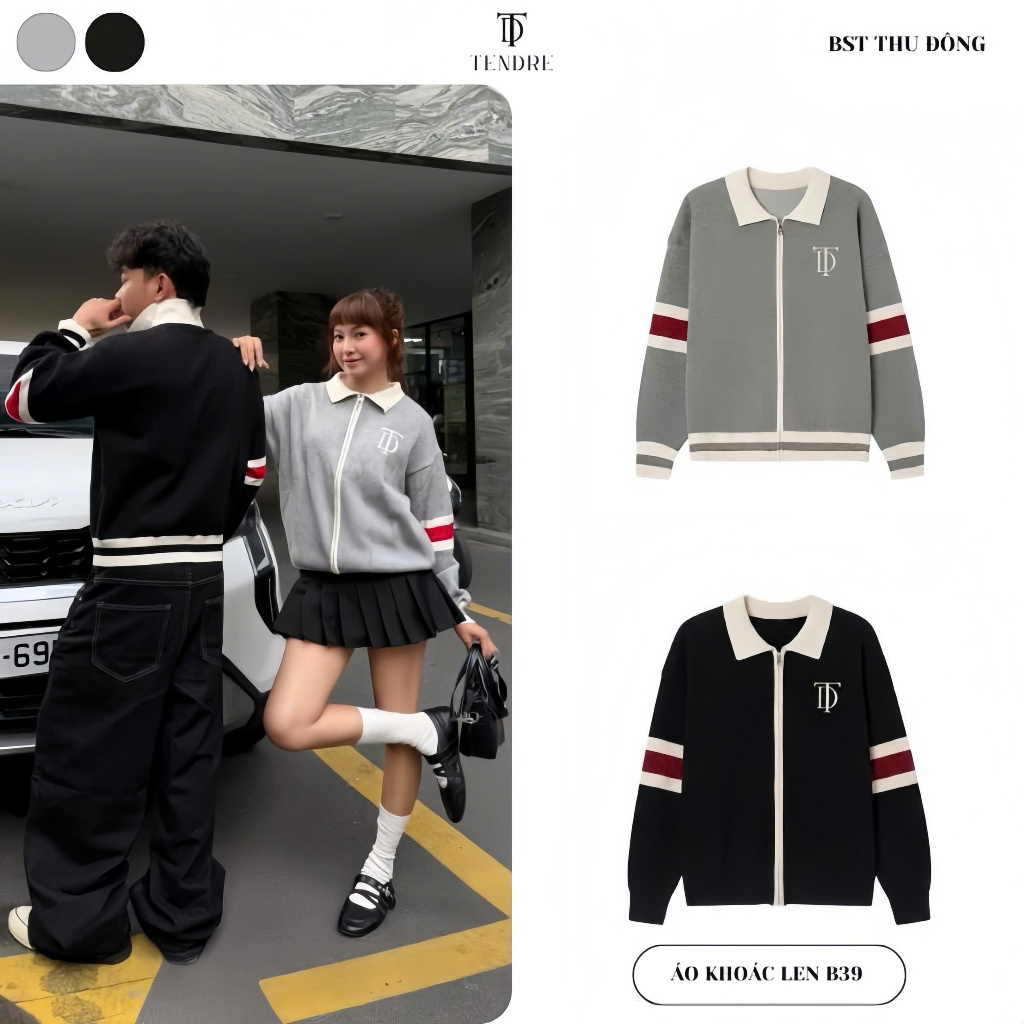 TENDRE - Áo Khoác Len Dệt Kim Khóa Kéo Oversize Phối Sọc, Jacket Knit Zip Basic Thêu Logo Style Hàn Quốc Dễ Phối Đồ B39