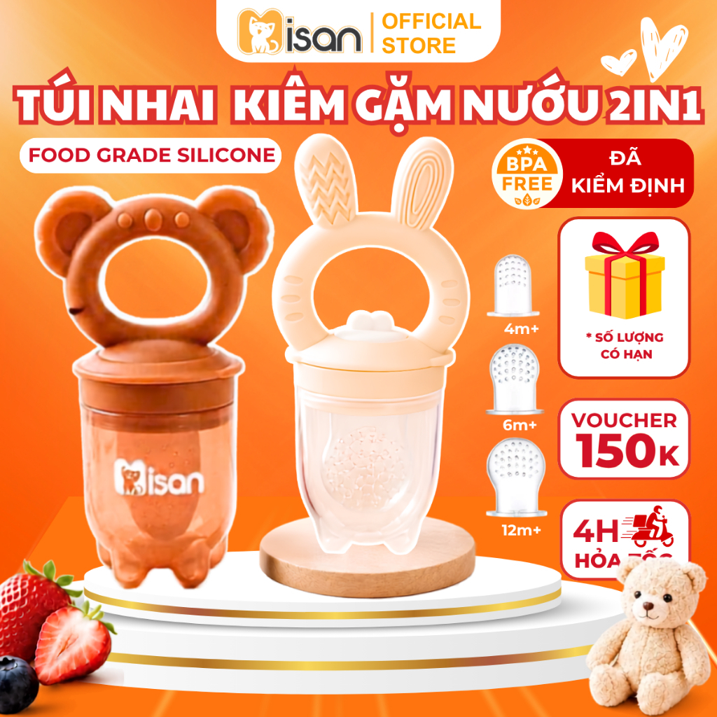 Túi Nhai Ăn Dặm Silicone Misan Mềm Dẻo An Toàn Tặng 2 Size Núm Cho Bé