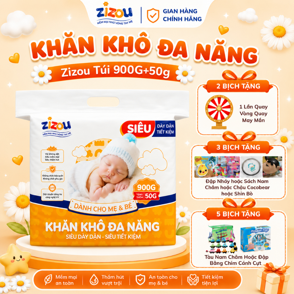 Khăn Khô Đa Năng Zizou Túi 950g(~640tờ) Vải Không Dệt Tiệt Trùng UV Mềm Mại, Dày Dặn, Không Hóa Chất, An Toàn Cho Mẹ Bé