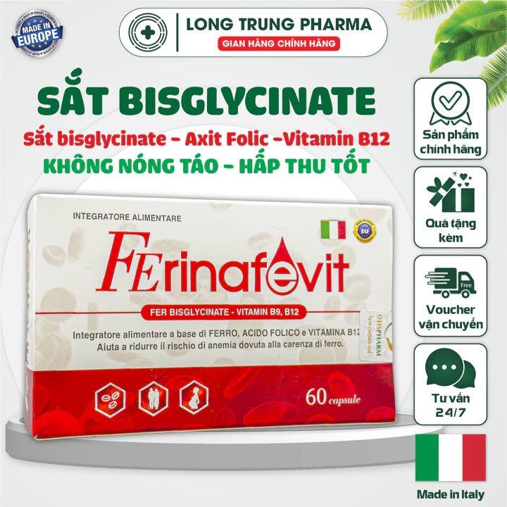 Sắt Viên FErinafevit Bổ Sung Sắt Hữu Cơ, Axit folic, Giúp Tạo Máu, Giảm Nguy Cơ Thiếu Máu, Nhập khẩu Ý (Hộp 60 viên)