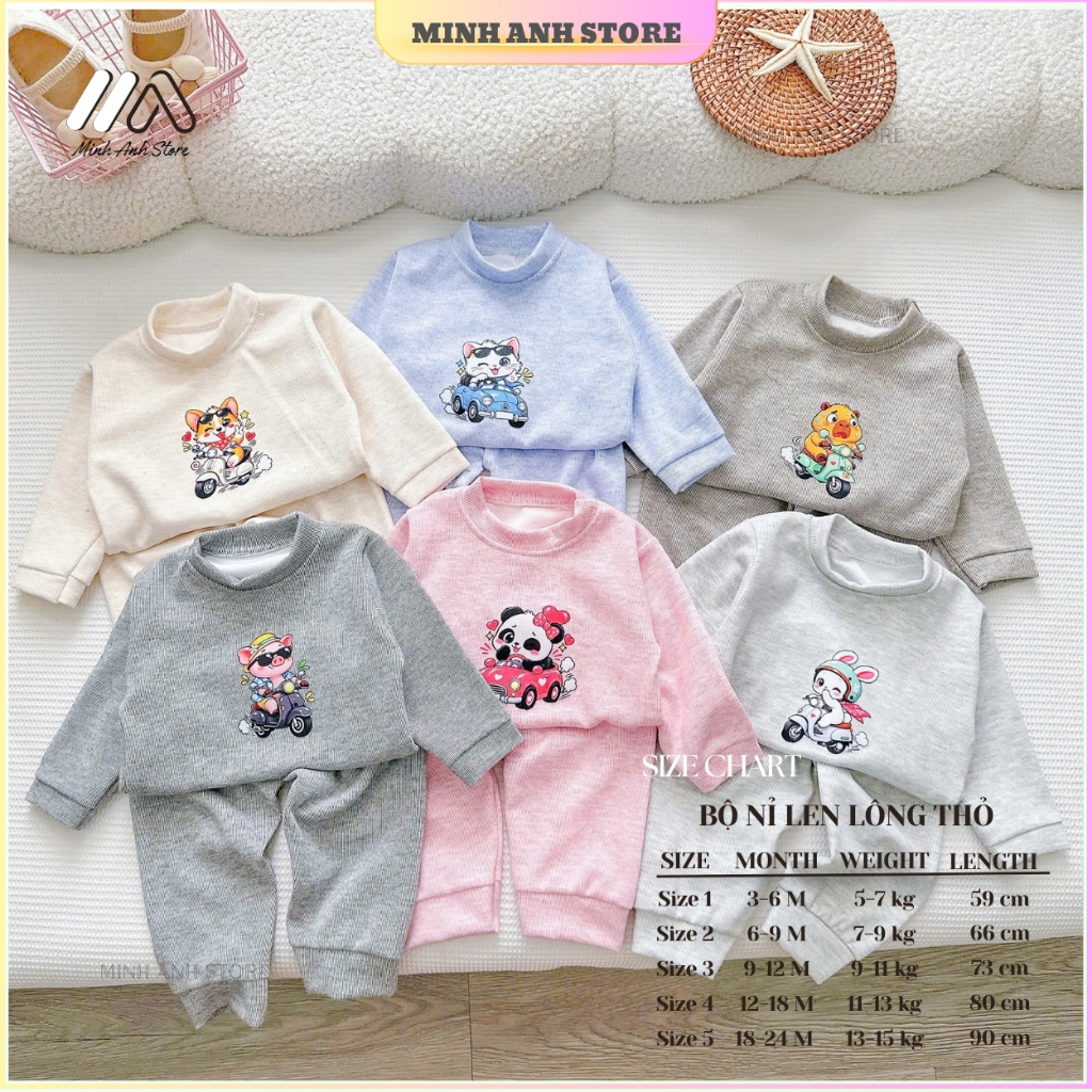 [Set 2-3-5] Bộ Nỉ Tăm Lông Thỏ Chui Đầu Hình In Nhiệt Ngộ Nghĩnh Giữ Ấm Tốt Cho Bé Từ 5-15kg (NEW ARRIVALS)