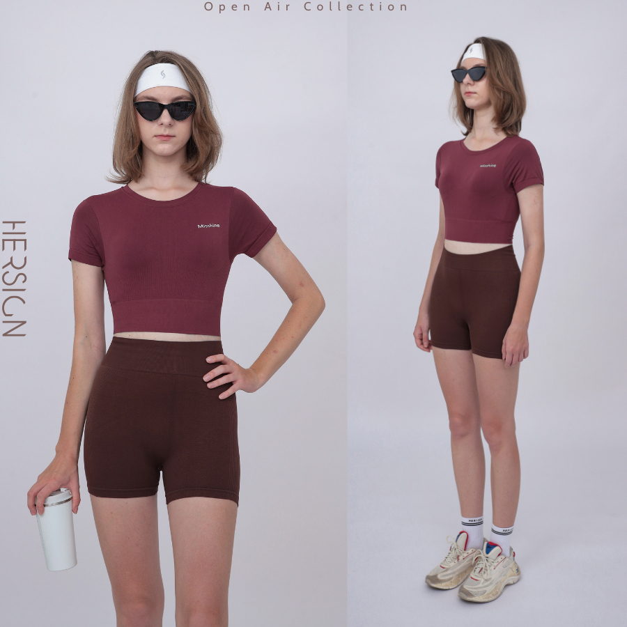 HERSIGN Bộ đồ tập gym nữ ngắn Set đồ thể thao chạy bộ đạp xe Áo croptop ngắn tay SMIX6N32B BST HERSIGN OPEN AIR