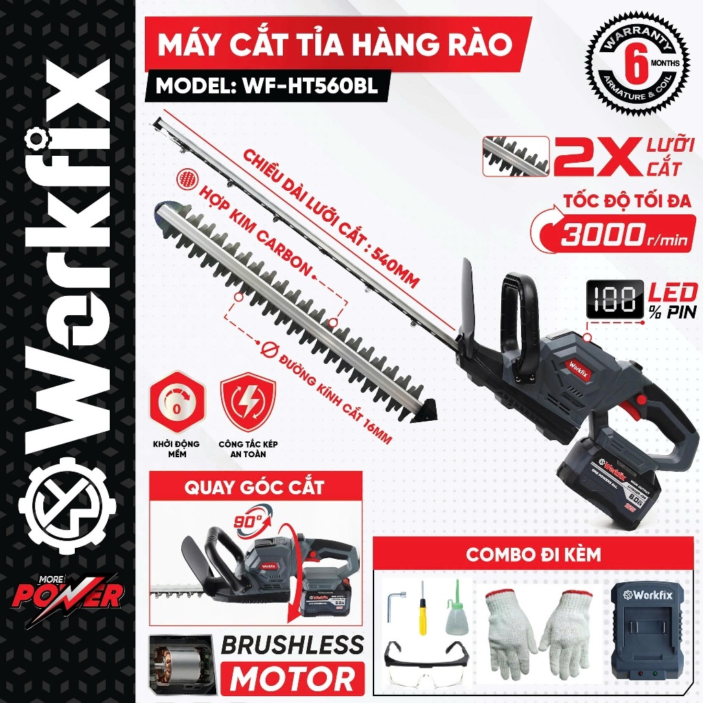 Máy cắt tỉa hàng rào pin WORKFIX WF-HT560BL, Không chổi than, Lưỡi cắt kép hợp kim Carbon