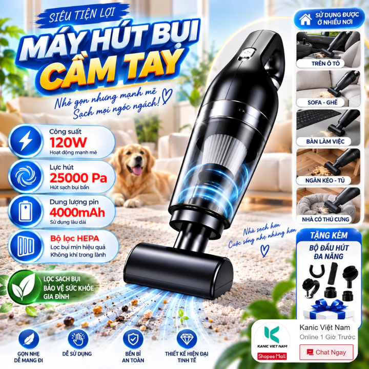 Máy hút bụi mini cầm tay KANIC không dây lực hút bụi mạnh 6000mpa nhỏ gọn pin sạc tiện lợi làm sạch bàn phím ô tô