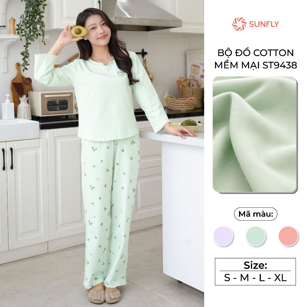 Đồ bộ mặc nhà nữ mùa thu đông áo tay lỡ quần dài cotton compact ấm vừa, thấm hút SUNFLY ST9438
