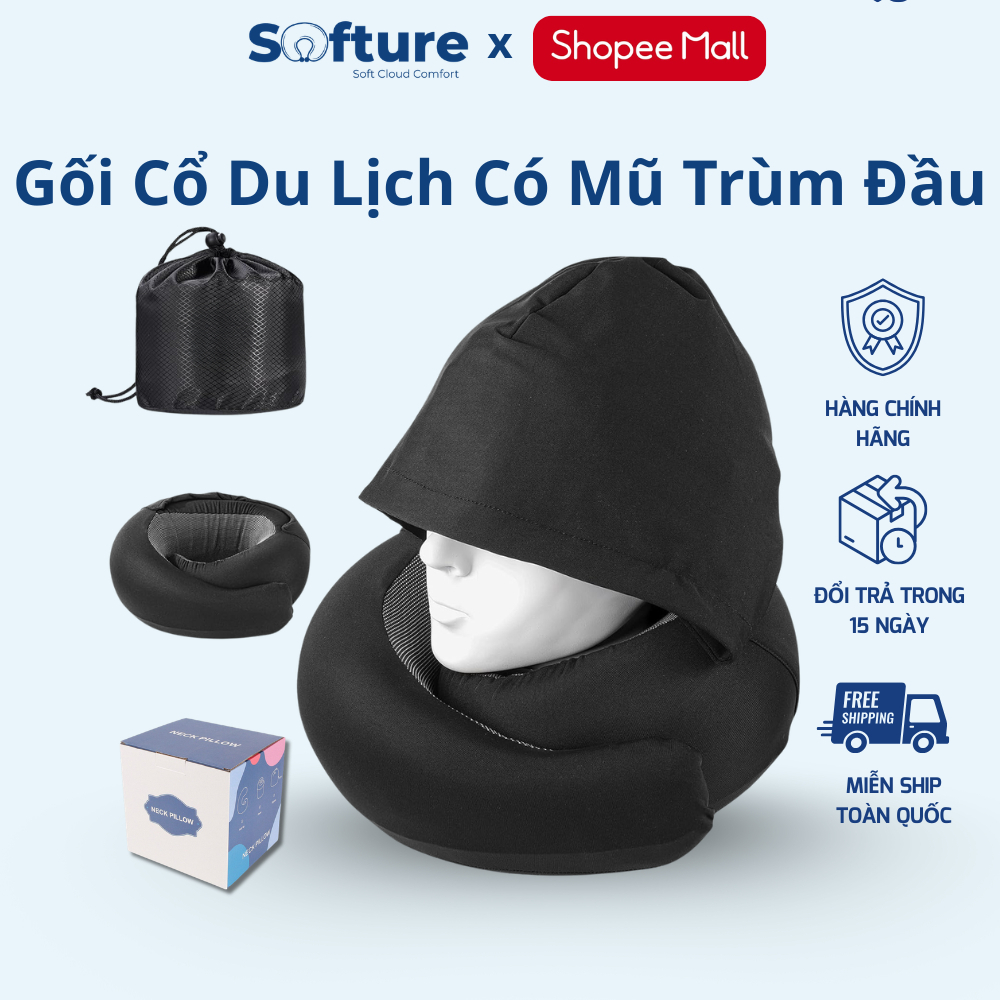 Gối Kê Cổ Du Lịch Có Mũ Trùm Đầu SOFTURE Caosu Non Cao Cấp Kèm Túi Đựng Hỗ Trợ 360 Độ - SG07