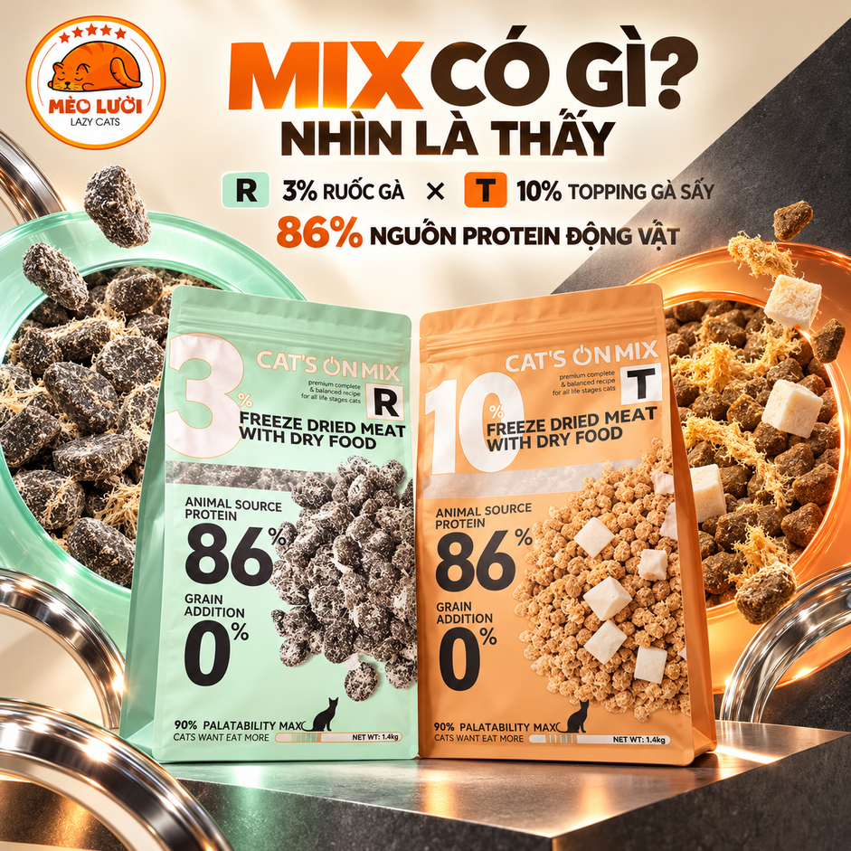 [350g-1.4kg] Hạt Mèo CAT'S ON MIX R/T Topping Thịt Sấy, Protein Từ 33%, Không Bổ Sung Ngũ Cốc