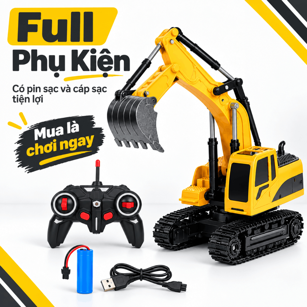 Máy Xúc Điều Khiển Từ Xa Hợp Kim 6 Kênh Gầu Sắt Đồ Chơi Cho Bé Full Phụ Kiện Mô Phỏng Công Trình