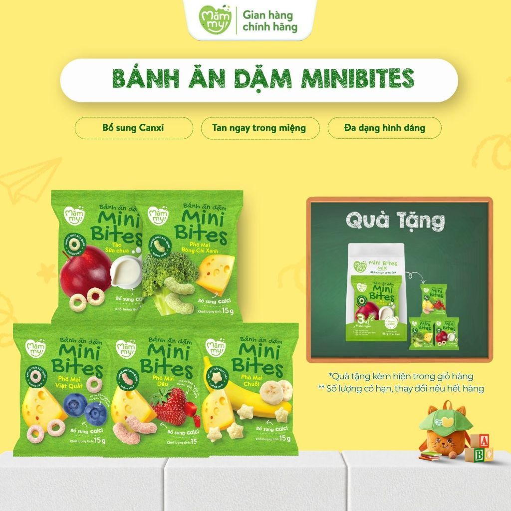 Bánh Ăn Dặm Mini Bites Mămmy bổ sung canxi hỗ trợ tập nhai cho bé từ 6 tháng gói 15g