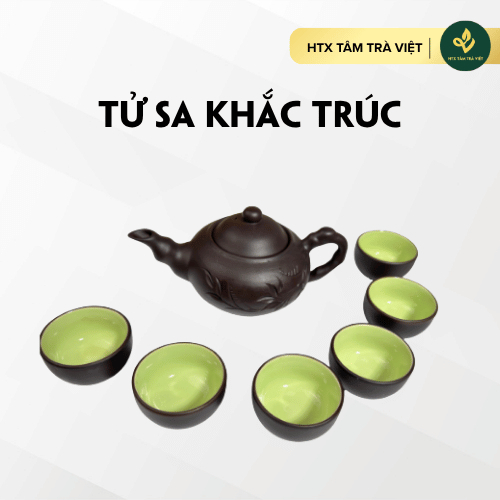 Bộ ấm chén Bát Tràng, Bộ ấm tử sa pha trà khắc hình trúc, ấm chén pha trà tử sa màu đen cao cấp