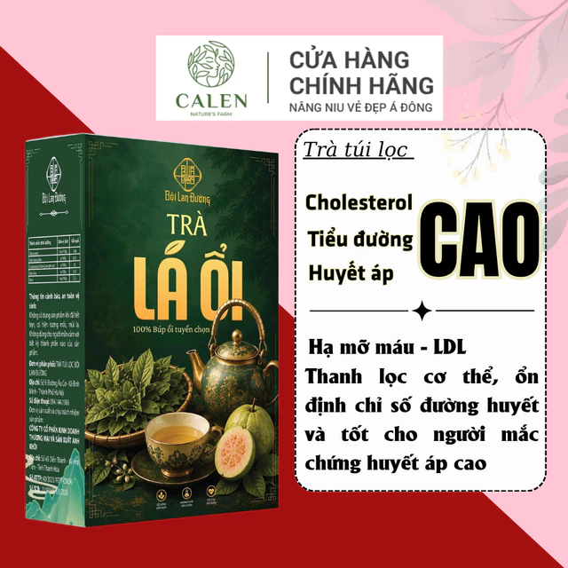 Trà hạ mỡ máu, gan nhiễm mỡ, mỡ nội tạng lá ổi, lá sen, giảo cổ lam Calen Nature Farm - hộp 30 gói
